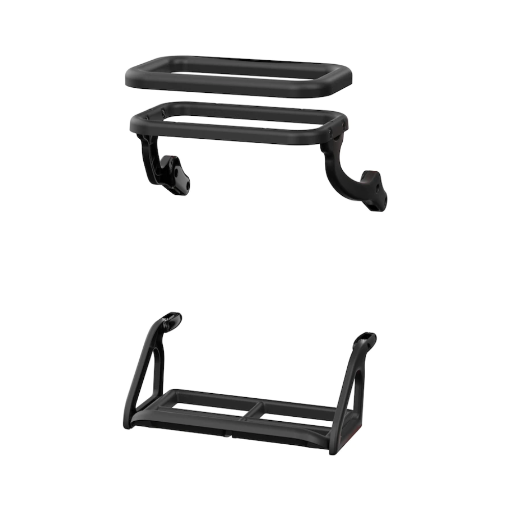 Two black metal parts on a white background. The upper part, part of the Tork 206550 waste bag holder for floor stands, is a rectangular frame with attached hooks. The lower part is a rectangular step with angled side supports, likely essential for the assembly or installation of the floor stand.
