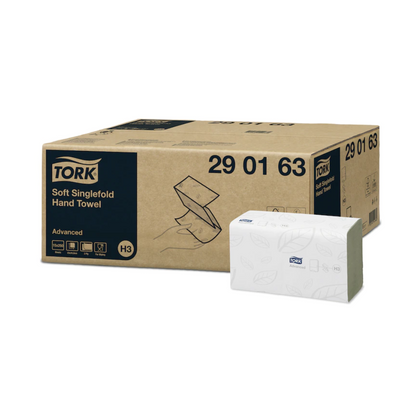 A large brown box with the label “Tork Zigzag Hand Towels Advanced H3 2-ply, various colors” stands next to a smaller white package. Both contain product details and an illustration of a hand using the towel, perfect for easy refilling of your Tork dispenser.