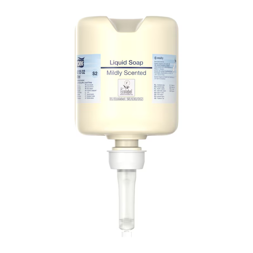 A beige donor container labeled "Tork 420502 Mini Liquid Soap, Mild-Scented" with a volume of 475 ml features a convenient pump. This product from TORK – Essity Professional Hygiene Germany GmbH is designed for excellent hand hygiene and is marked with various labels and logos, including an "Ecolabel" that promotes environmentally friendly skincare.