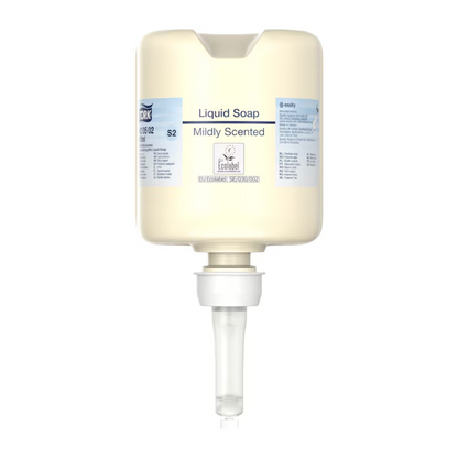 A beige donor container labeled "Tork 420502 Mini Liquid Soap, Mild-Scented" with a volume of 475 ml features a convenient pump. This product from TORK – Essity Professional Hygiene Germany GmbH is designed for excellent hand hygiene and is marked with various labels and logos, including an "Ecolabel" that promotes environmentally friendly skincare.