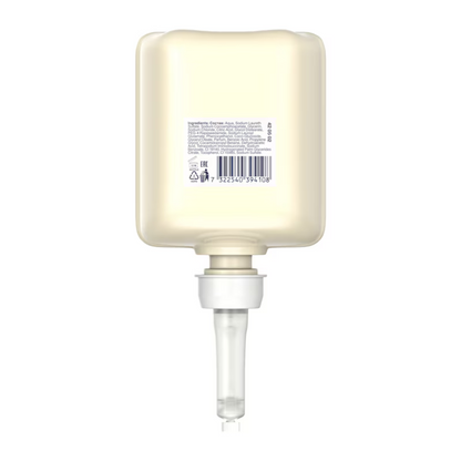 A beige, rectangular refill dispenser bottle contains Tork 420502 Mini Liquid Soap by the brand TORK – Essity Professional Hygiene Germany GmbH. With a practical spout at the bottom, it ensures easy application for optimal hand hygiene. The label on the back shows a list of ingredients in small print and emphasizes the mildly scented formula, which is ideal for daily skincare.