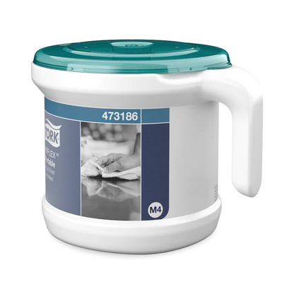 A white, cylindrical Tork 473186 Portable Reflex™ Single Sheet Centerfeed Dispenser M4, equipped with a handle and blue-green lid, is labeled with an image of hands using a cloth to prevent cross-contamination, with “Tork” clearly visible.