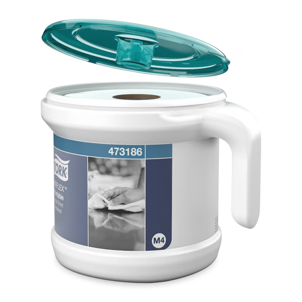A white cylindrical dispenser labeled 473186, with a partially open blue-green lid, a handle, and an image of hands cleaning themselves to prevent cross-contamination. This Tork Portable Reflex™ Single Sheet Centerfeed Dispenser M4 from TORK – Essity Professional Hygiene Germany GmbH ensures hygiene on the go.