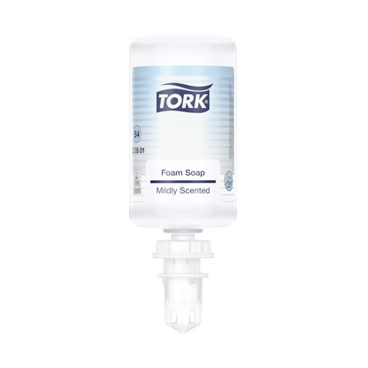 A clear 1000 ml refill bottle "Tork 520501 Mild Scented Foam Soap Premium S4" by Essity features a white-blue label, a dispensing nozzle at the bottom, and stands upright on a white background.