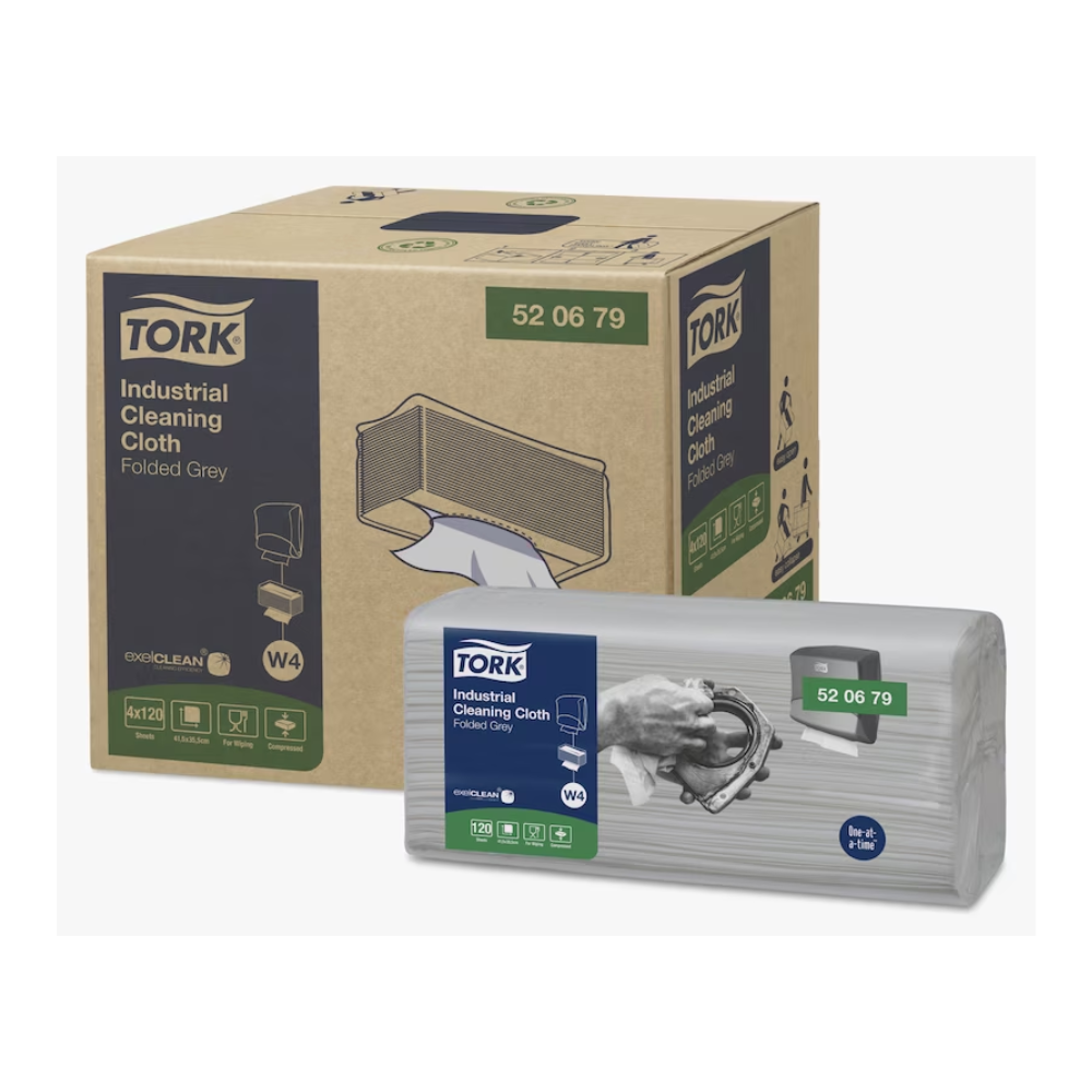 Depicted are a box and a package of Tork 520679 Industrial Cleaning Cloths Premium W4 1-ply. The brown box shows product details, while the gray package shows a hand with a cloth. Both premium cleaning cloths from TORK – Essity Professional Hygiene Germany GmbH are marked with the number 52 06 79.