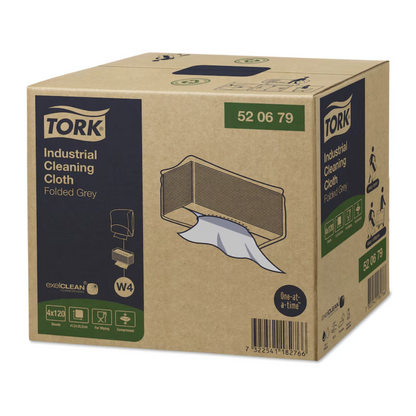 Box with Tork 520679 Industrial Cleaning Cloths Premium W4 in folded gray. The box clearly shows the TORK brand from Essity Professional Hygiene Germany GmbH as well as images of the dispensed cloths. The product code 520679 is highlighted and emphasizes the industrial quality for efficient cleaning tasks.