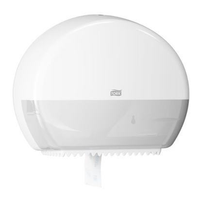 A Tork 555000 dispenser for Mini Jumbo Toilet Paper Elevation T2 from TORK - Essity Professional Hygiene Germany GmbH is a white, wall-mounted toilet paper dispenser with a semicircular design. It features a small logo on the front and has a section at the bottom for dispensing Mini Jumbo toilet paper, with a visible piece of paper protruding from the slot.