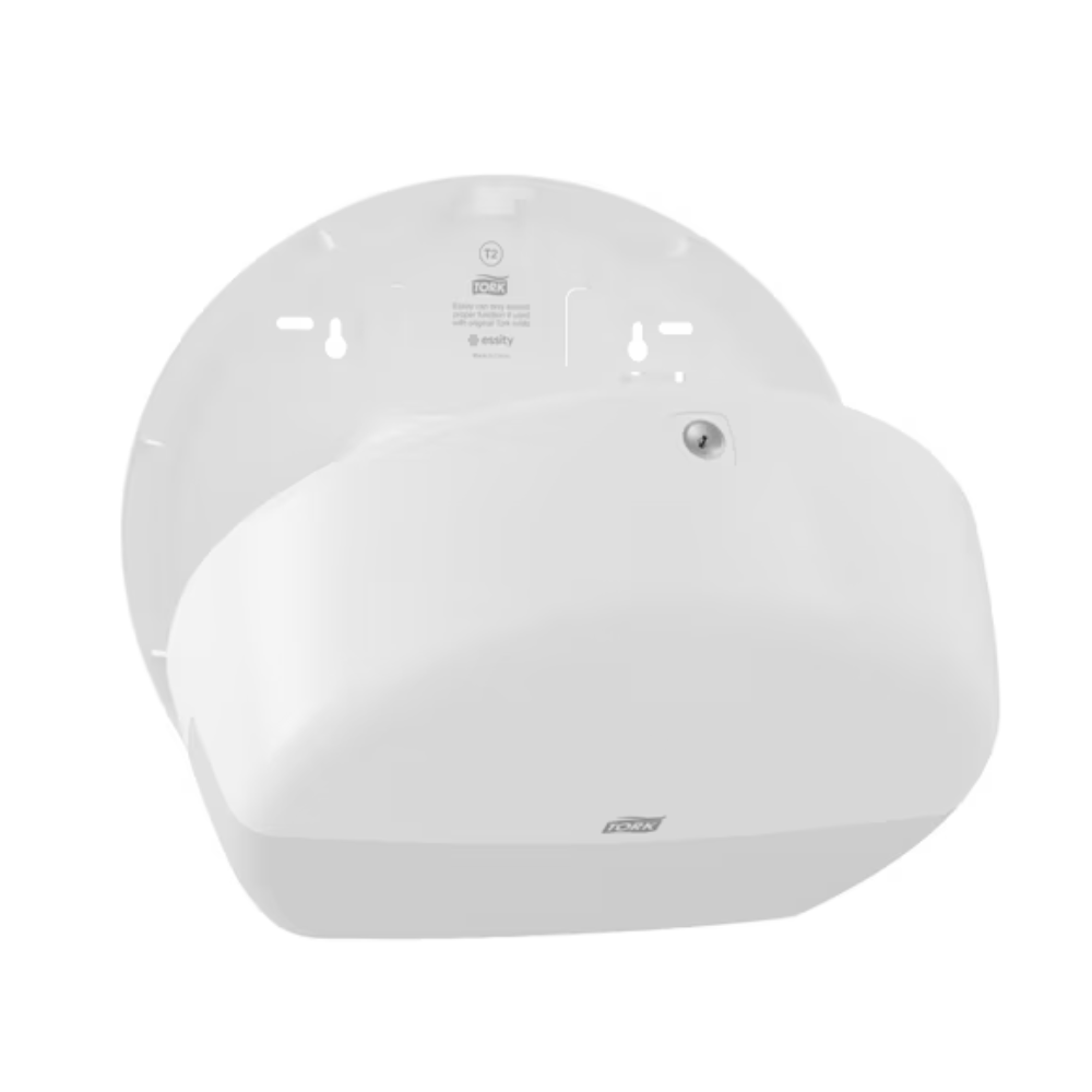 The Tork 555000 dispenser for Mini Jumbo Toilet Paper Elevation T2 from TORK - Essity Professional Hygiene Germany GmbH features a sleek, curved Elevation design with a key lock on the front. It has screw holes for easy installation and displays a logo on the front that complements your space with modern elegance.