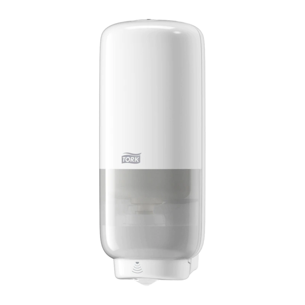 The Tork 561600 Skincare Dispenser by TORK – Essity Professional Hygiene Germany GmbH is a white, wall-mounted hand sanitizer dispenser with Intuition Sensor for touchless dispensing. Its semi-transparent bottom allows you to easily monitor the liquid level inside and ensure it never runs out.