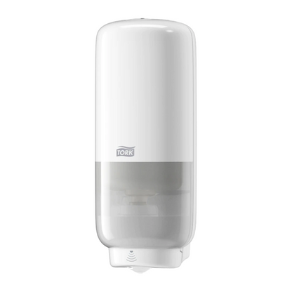The Tork 561600 Skincare Dispenser by TORK – Essity Professional Hygiene Germany GmbH is a white, wall-mounted hand sanitizer dispenser with Intuition Sensor for touchless dispensing. Its semi-transparent bottom allows you to easily monitor the liquid level inside and ensure it never runs out.