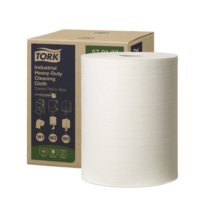 A large roll of Tork 570137 Extra Strong Industrial Cleaning Cloths W1 W2 W3 1-ply, ideal for degreasing tasks, stands in front of its cardboard packaging. The box from TORK – Essity Professional Hygiene Germany GmbH shows images and labels highlighting the versatile use of these reusable cleaning cloths.
