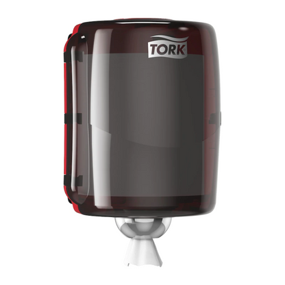 The Tork 653008 Maxi Centerfeed Dispenser Performance W2, a product from TORK – Essity Professional Hygiene Germany GmbH, is a black paper towel dispenser with a glossy surface. It features the performance design and has a visible paper towel protruding from the bottom, all protected by a splash-proof cover.