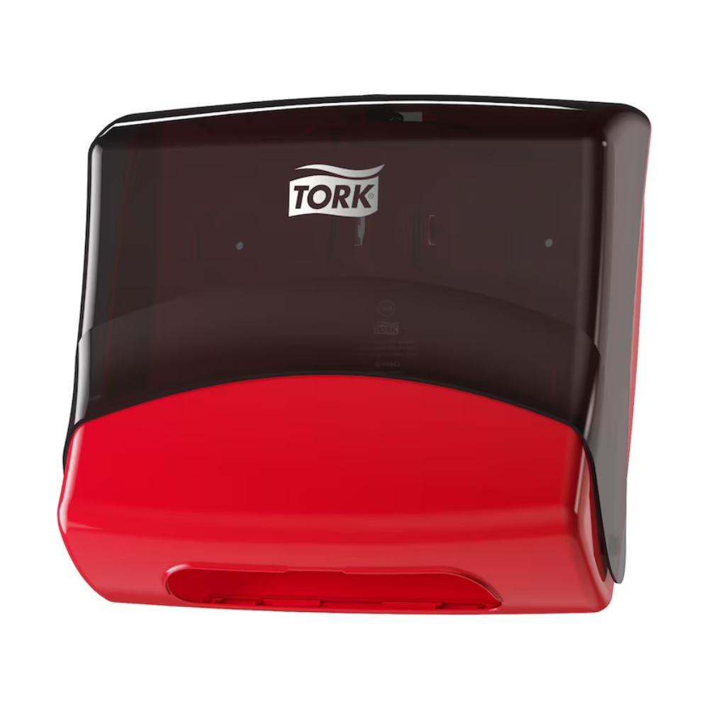 Ein TORK 654008 Einzeltuchspender Performance W4 | Packung (1 Stück) in Rot und Schwarz, der Spender verfügt über ein modernes, platzsparendes Design. Die obere Hälfte ist schwarz mit dem TORK-Logo, während die untere Hälfte leuchtend rot ist. Dieses kompakte Gerät ist perfekt für die professionelle Reinigung und kann vertikal in öffentlichen Toiletten oder Küchen montiert werden.