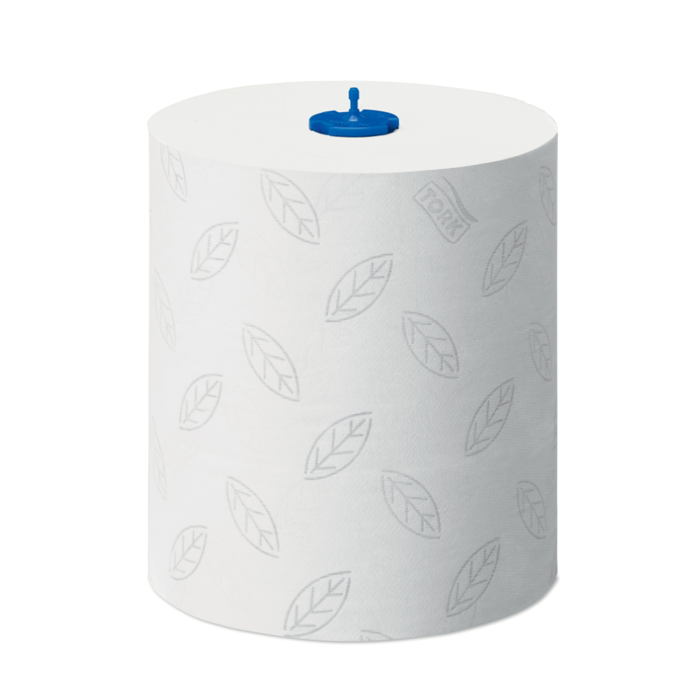 A large roll of soft, white 2-ply paper towels Tork Matic® 290067 by TORK – Essity Professional Hygiene Germany GmbH, with a subtle leaf pattern and a blue plastic core for modern hand drying.