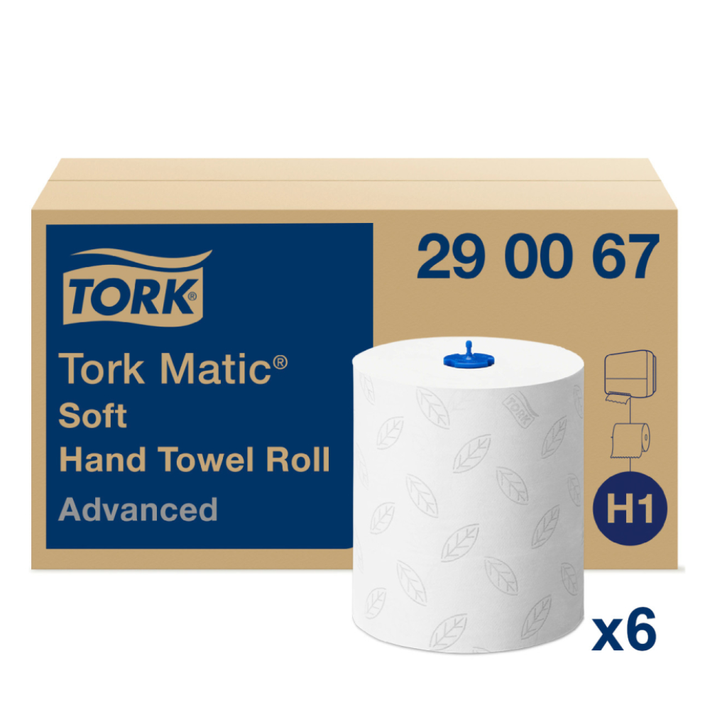 Image of a Tork Matic® 290067 soft roll towel Advanced H1 2-ply packaging, showing a brown box with the iconic brand logo. Next to it is a white paper towel roll adorned with leaf patterns and marked with "H1 x6", making it ideal for advanced hand drying with the reliable Tork Matic® roll towel system by TORK – Essity Professional Hygiene Germany GmbH.