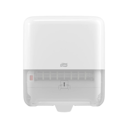 A white, wall-mounted Tork Matic® 551000 dispenser for roll towels Elevation H1 with a transparent bottom for easy level indication. The front features the TORK logo – Essity Professional Hygiene Germany GmbH, as well as a diagram showing how to pull out the roll towels.