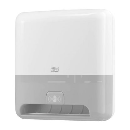 The Tork Matic® 551100 sensor dispenser for roll towels Elevation H1 by TORK – Essity Professional Hygiene Germany GmbH is a white-gray, wall-mounted paper towel dispenser with a hand sensor symbol on the front, ensuring touch-free hand drying through its touchless operation.