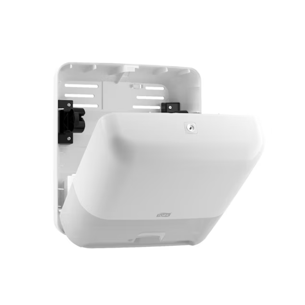 The Tork Matic® 551100 sensor dispenser for roll towels Elevation H1 by TORK – Essity Professional Hygiene Germany GmbH is an elegant dispenser made of white plastic for wall mounting. Its lockable lid and slightly open design ensure efficient, touch-free hand drying. The plain white background is ideal for storing paper towels and highlights the elegant and functional aesthetic of this Tork Matic sensor dispenser.