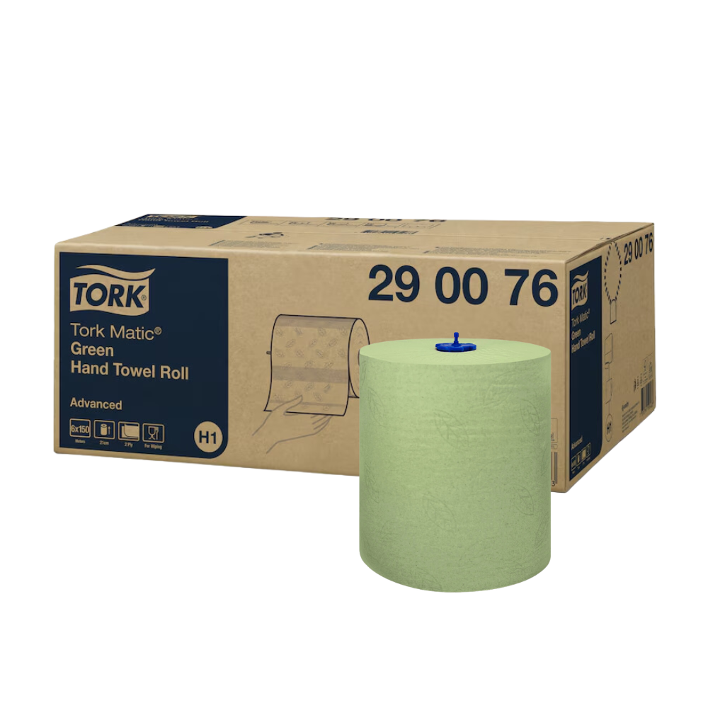 A green towel roll is presented in front of a box labeled "Tork Matic® Roll Towel Advanced H1 2-ply, various colors" from TORK – Essity Professional Hygiene Germany GmbH and the product code "290076". Both items are perfectly suited for efficient hand drying and are presented against a plain white background.