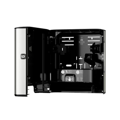 A wall-mounted case in an elegant combination of black and silver with multiple compartments and slots, possibly intended for electronic or security components. The interior is equipped with labels and symbols with instructions for use, reflecting the organized design characteristic of the Tork Matic® 460001 sensor dispenser for roll towels Image Line with sensor H1 by TORK – Essity Professional Hygiene Germany GmbH.