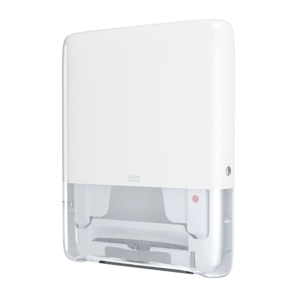 The Tork PeakServe® Mini Continuous Hand Towel Dispenser H5 by Essity Professional Hygiene Germany GmbH is a white, wall-mounted paper towel dispenser with an elegant design, perfect for high-traffic washrooms. It features a transparent lower area for easy monitoring of the paper level and a key lock in the upper right corner. It offers similar efficiency to the well-known Tork PeakServe products.