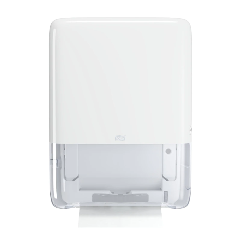 The Tork PeakServe® 552550 Mini Continuous Hand Towel Dispenser H5, manufactured by TORK – Essity Professional Hygiene Germany GmbH, is a white wall unit with a transparent lower part that holds a single sheet of paper towel. Its sleek and modern design makes it ideal for high-traffic washrooms.
