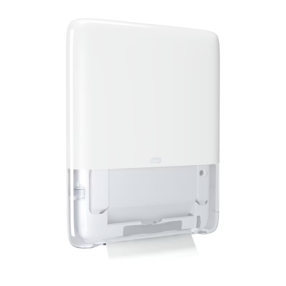 The Tork PeakServe® 552550 Mini Continuous Hand Towel Dispenser H5 by TORK – Essity Professional Hygiene Germany GmbH is a white, wall-mounted paper towel dispenser for high-traffic washrooms. It features a transparent lower part and an efficient design that is recognizable by a sheet of paper protruding from the bottom when the unit is empty.