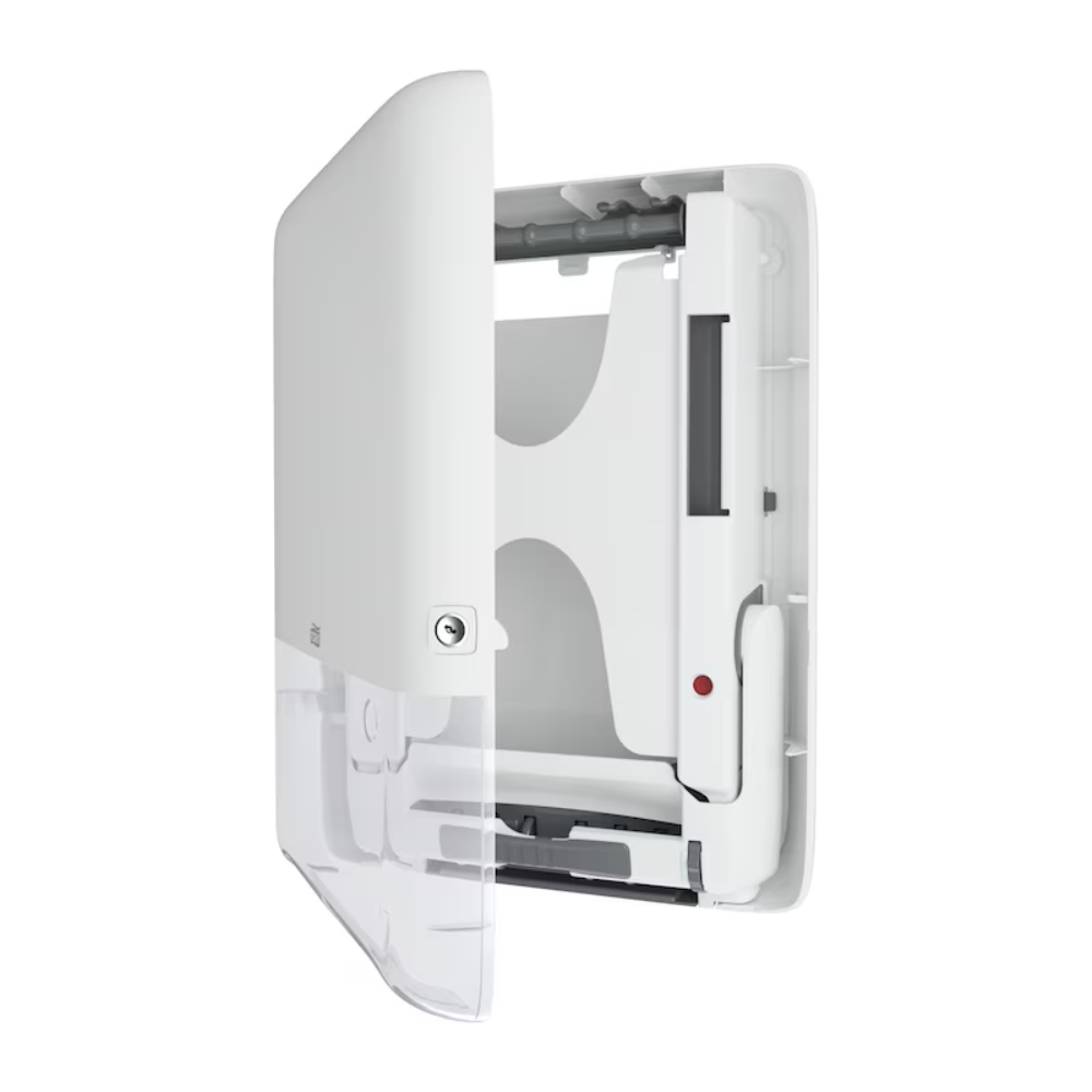 The Tork PeakServe® 552550 Mini Continuous Hand Towel Dispenser by TORK – Essity Professional Hygiene Germany GmbH features a white, open wall-mount design with a transparent lower part that shows the internal mechanism for holding and dispensing paper towels. This sleek design is perfect for high-traffic washrooms and ensures efficiency in busy commercial or public restrooms.