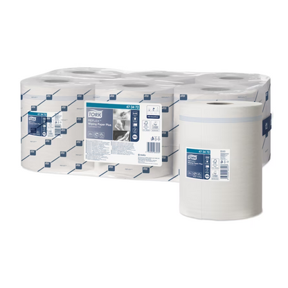 A set of cylindrical white paper rolls in plastic packaging, labeled as Tork Reflex™ 473472 Strong Multipurpose Paper Wipes Advanced M4 2-ply by TORK – Essity Professional Hygiene Germany GmbH, with convenient single sheet dispensing. Product details and brand logos are clearly visible on the rolls. One roll is pictured individually in the foreground, highlighting these durable multipurpose paper wipes.