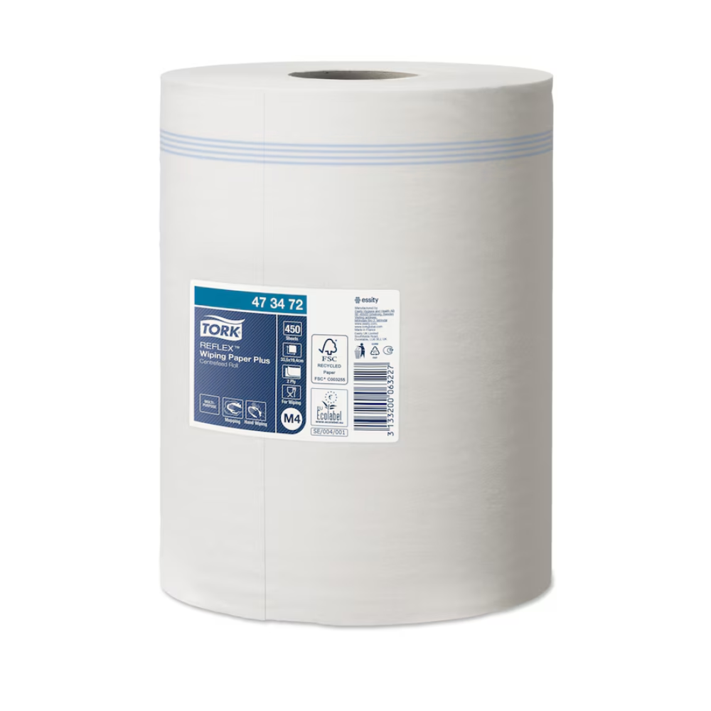 A large roll of Tork Reflex™ 473472 Strong Multipurpose Paper Wipes Advanced M4 is presented upright and features single sheet dispensing technology. This 2-ply, white paper towel with blue accents features a front label that highlights product details, a QR code, and symbols for various certifications and features.