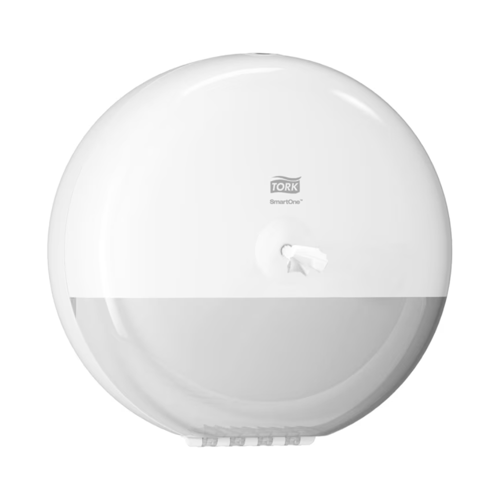 Der Tork SmartOne® 680000 Spender für Toilettenpapier Elevation T8 von Essity Professional Hygiene Germany GmbH verfügt über ein schlankes, rundes Design mit Einzelblattentnahme. Eine kleine Öffnung in der Mitte ermöglicht einfachen Zugriff auf das Papier, während der Markenname und das Logo elegant auf der Vorderseite dargestellt sind.