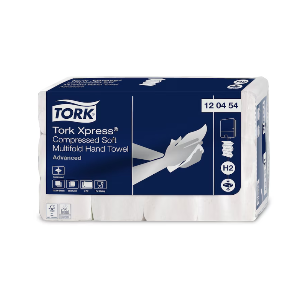 Package with Tork Xpress® 120454 Compressed Soft Multifold Hand Towels. The packaging is designed in blue and white and shows images demonstrating the use of the hand towels, emphasizing sustainability. The product code 12 04 54 is clearly visible. Brand: TORK - Essity Professional Hygiene Germany GmbH.