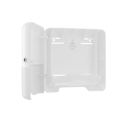 A wall-mounted white plastic holder with an open front design, compartments, and a side locking mechanism. Ideal for organizing small items like the Tork Xpress® 552100 Mini Dispenser for Multifold Hand Towels Elevation H2 by TORK – Essity Professional Hygiene Germany GmbH in a bathroom or office, ensuring neat single sheet dispensing every time.