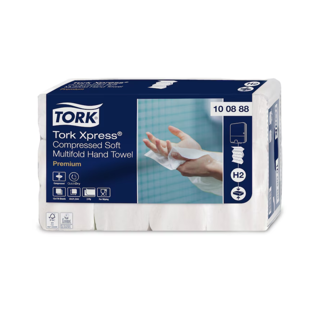 A pack of Tork Xpress® Compressed Soft Multifold Hand Towels Premium H2 2-ply, labeled as Premium, by TORK – Essity Professional Hygiene Germany GmbH. The packaging shows the image of a hand holding a towel and highlights product features such as hygiene, absorbency, and single sheet dispensing in a blue-white design.