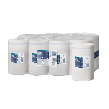 Multiple rolls of Tork Xpress® Strong Multipurpose Paper Wipers with Advanced 2-ply texture are neatly arranged in two rows and packaged in plastic wraps. Each roll features a blue and white label with product information and symbols on a plain white background.