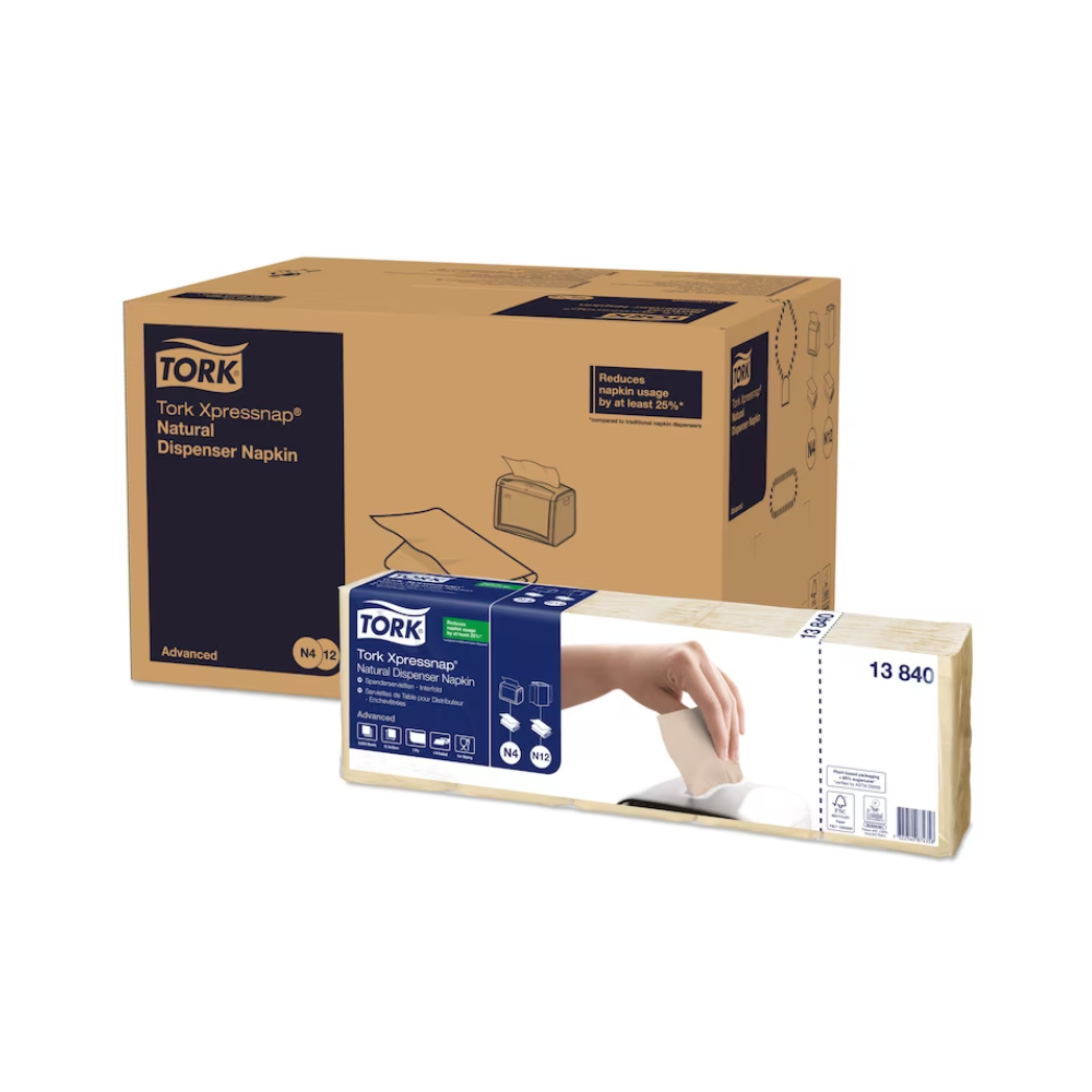In a box labeled "Tork Xpressnap® 13840 Dispenser Napkin Natural with Environmental Symbol Advanced N4 1-ply" is a stack of environmentally friendly single-ply napkins made from recycled fibers. An illustration shows a hand pulling a napkin from the dispenser box. The product is by TORK – Essity Professional Hygiene Germany GmbH.