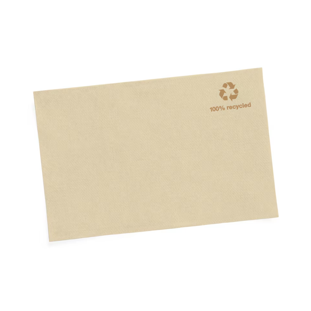 Product description: The Tork Xpressnap® 13840 Dispenser Napkin Natural with Environmental Symbol Advanced N4 1-ply features a beige paper design with a small recycling symbol and the text "100% recycled" in the upper right corner. It is made from recycled fibers. It is presented on a plain white background.