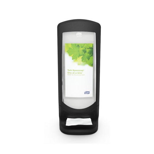 Der Tork Xpressnap® 272211 Steh- und Wandspender N4 von TORK - Essity Professional Hygiene Germany GmbH ist ein schwarzer, freistehender Spender mit einer transparenten Vorderseite mit grünem Blattdesign und der Aufschrift „Einzeln“. Dieses Hygieneverbesserungsprodukt gewährleistet einen einfachen Zugriff auf Servietten, die bequem an der vorderen Öffnung angeordnet sind.
