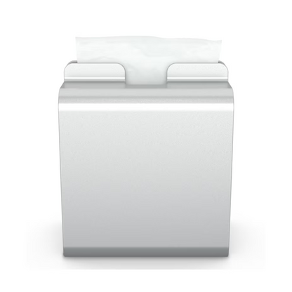 Der aus Aluminium gefertigte Tork Xpressnap® 274002 Serviettenspender von Essity Professional Hygiene Germany GmbH zeigt vor einem schlichten weißen Hintergrund ein einzelnes elegant herausgezogenes weißes Tuch – ideal für Selbstbedienungsrestaurants.