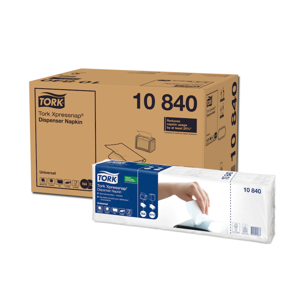 A carton with eight packs of Tork Xpressnap® 10840 White Dispenser Napkin Universal N4 1-ply by TORK – Essity Professional Hygiene Germany GmbH shows the product image. Each pack emphasizes the single napkin dispensing and shows a hand pulling a napkin to highlight the reduced consumption and environmental benefits.