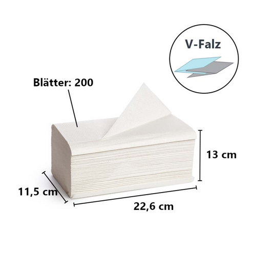 Ein Stapel weißer V-Falz-Papiertücher, bestehend aus 200 Blatt, beschriftet mit Tork 100278 extraweiche Zickzack-Handtücher Premium H3 2-lagig | Karton (15 Packungen). Die Maße betragen 11,5 cm Breite, 22,6 cm Länge und 13 cm Höhe. Eine Abbildung der V-Falzung befindet sich neben dem Stapel TORK extraweiche Zickzack-Handtücher.