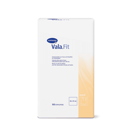 A box of Vala® Fit Band disposable clothing protection from Paul Hartmann AG with a clear design in blue and white. The box contains the information “100 strips/pieces” and an image of a bandaged hand.