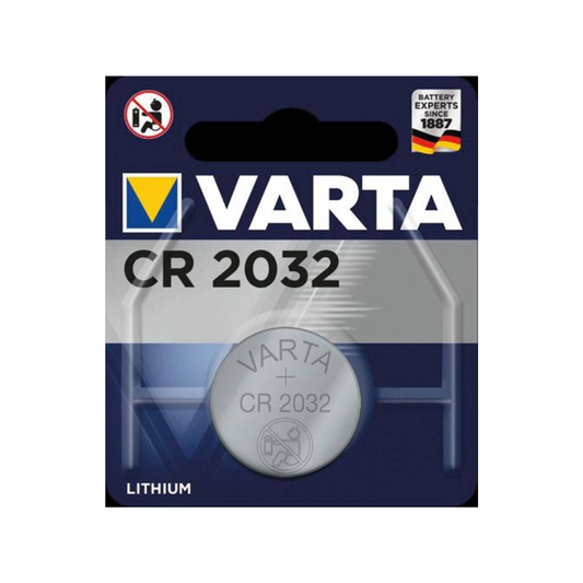 Verpackung für eine Varta AG CR2032 3V-Knopfzelle Lithium, auf der das Markenlogo und das Batteriemodell gut sichtbar sowie das No-Baby-Logo in der oberen linken Ecke zu sehen sind.