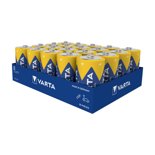 Eine Packung mit 24 gelben Varta Industrial Pro Batterien, in vier Reihen angeordnet, in einer dunkelblauen Schachtel mit sichtbarem Logo und Text „Made in Germany“.