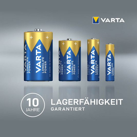 Auf grauem Hintergrund sind vier Varta AG Longlife Power 9V E-Block 4922 MN1604 Batterien unterschiedlicher Größe abgebildet, darunter eine Grafik mit dem Hinweis „10 Jahre Lagerfähigkeit garantiert“.