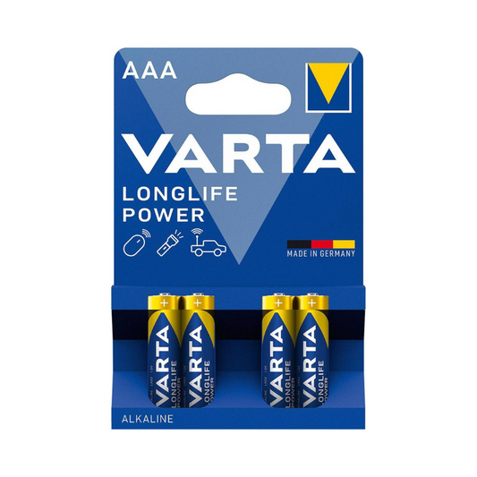 Verpackung der Varta Longlife Power Micro AAA Batterie 4903 LR03 Alkalibatterien der Varta AG mit vier horizontal gestapelten Batterien, gekennzeichnet als Made in Germany. Die Verpackung ist blau-weiß mit fettem Schriftzug.