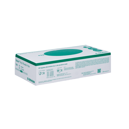 A box of B. Braun Vasco® Vinyl Powder-free disposable gloves in white and green, containing 100 latex-free disposable gloves. The packaging includes product information, regulatory compliance, and emphasizes chemical resistance for added safety.