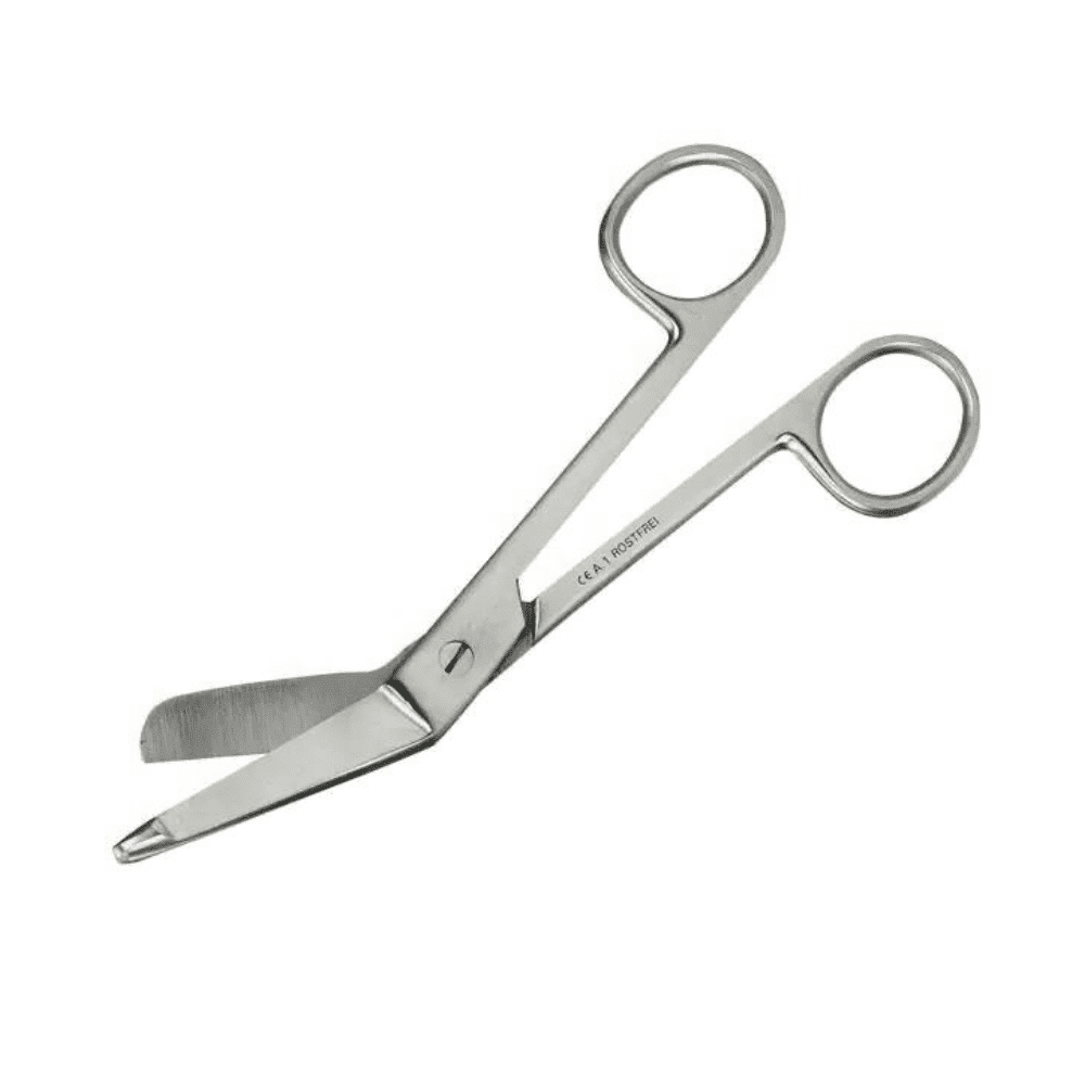 A Lister bandage scissors by Servoprax GmbH with stainless steel blades and round handles. This sterile bandage scissors is equipped with a blunt tip on one blade for safe cutting and is ideal for precise and hygienic use in various medical environments.