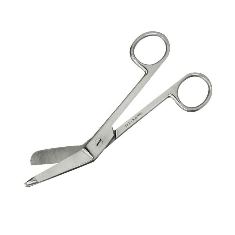 The bandage scissors knee-bent according to Lister - 20 cm from Servoprax GmbH is a medical scissors made of stainless steel with curved, blunt blades and two finger loops. It is made of stainless steel and offers safety when cutting near the skin or sensitive materials, minimizing the risk of injury.