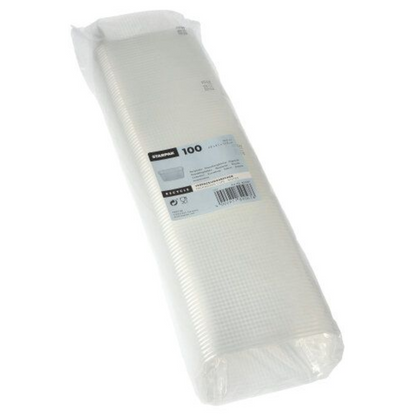 A sealed pack of 100 Starpak packaging cups, PP square transparent, is stacked and packaged in a clear packaging with a product label, ideal for food storage alongside your existing Starpak collection.